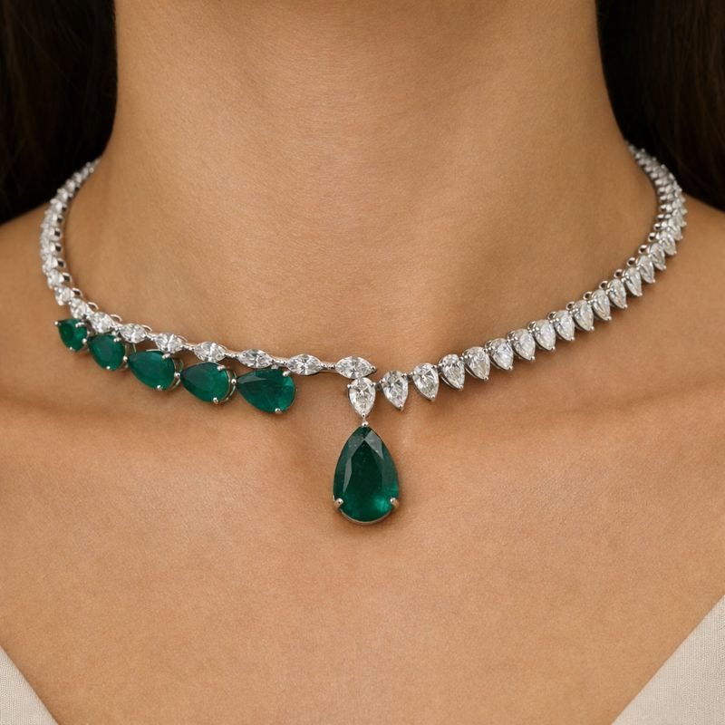 Zambian Emerald Pear Diamond Fine Gold Cuff Choker Necklace