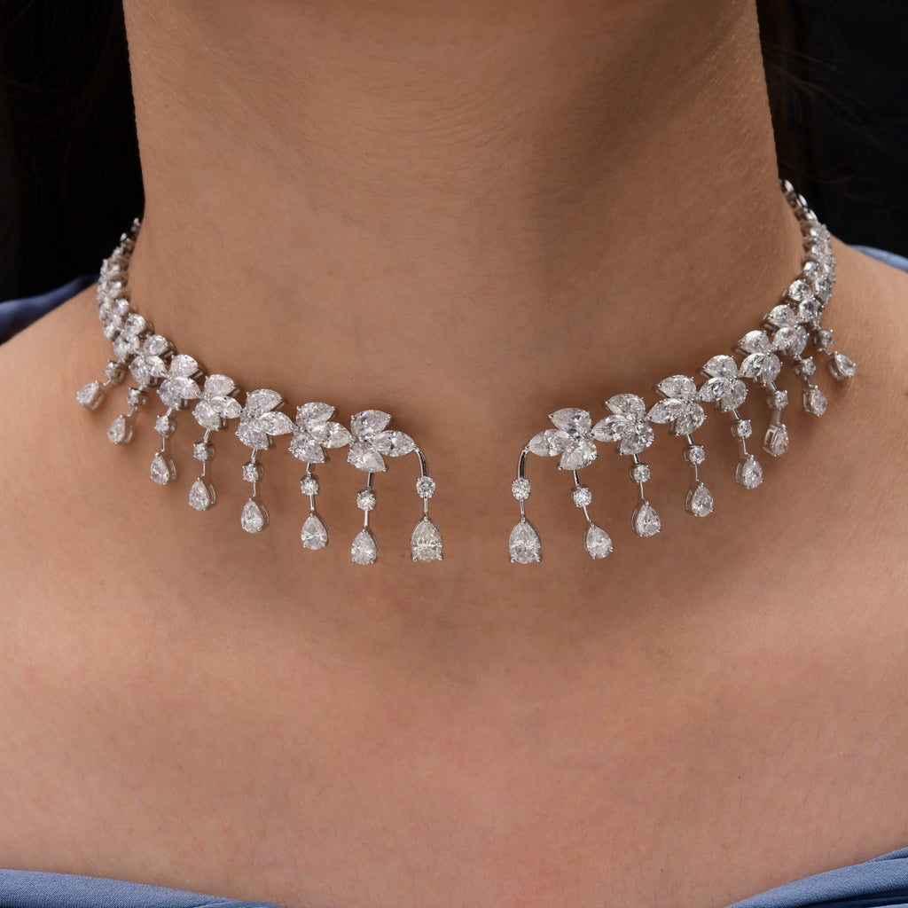 Statement Floral Diamond Pear Drop Choker Cuff Necklace