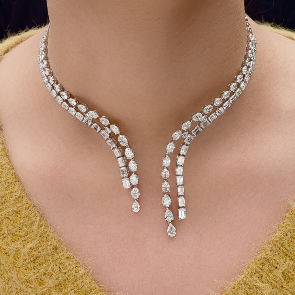 Baguette and Pear Cut Double Row Natural Diamond Choker Necklace