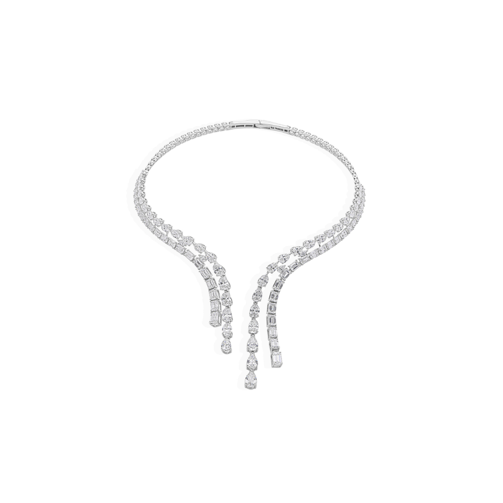 Baguette and Pear Cut Double Row Natural Diamond Choker Necklace