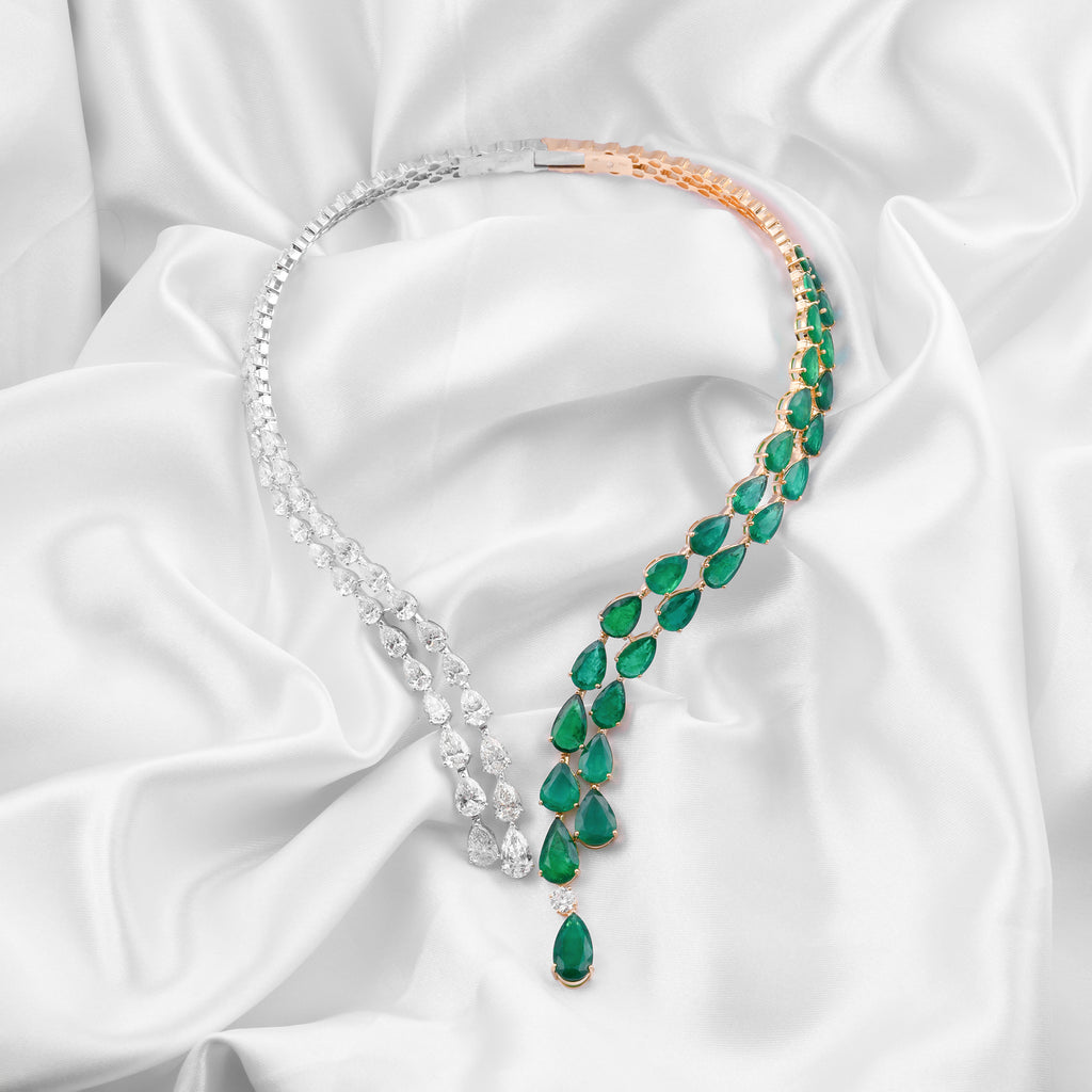 Two Tone Gold Pear Diamond and Zambian Emerald Open Choker Necklace