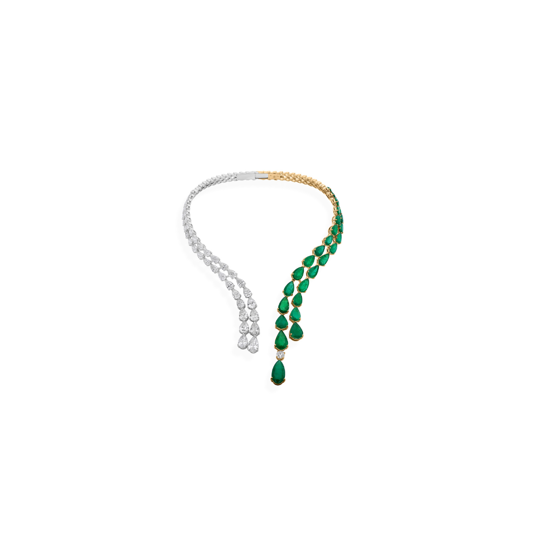 Two Tone Gold Pear Diamond and Zambian Emerald Open Choker Necklace