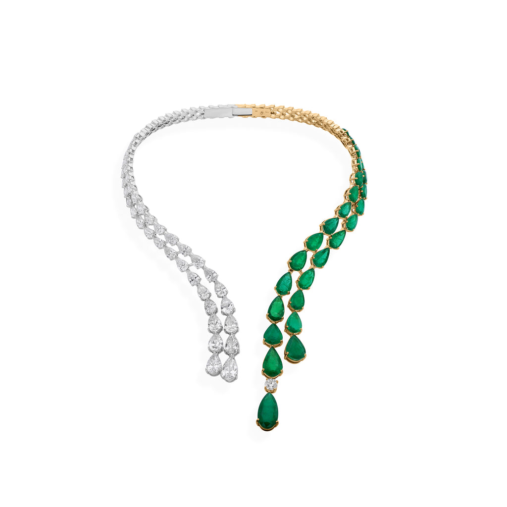 Two Tone Gold Pear Diamond and Zambian Emerald Open Choker Necklace