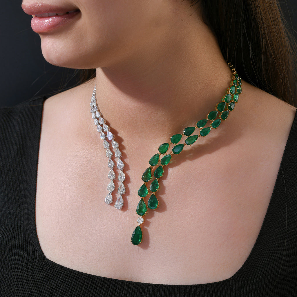 Two Tone Gold Pear Diamond and Zambian Emerald Open Choker Necklace