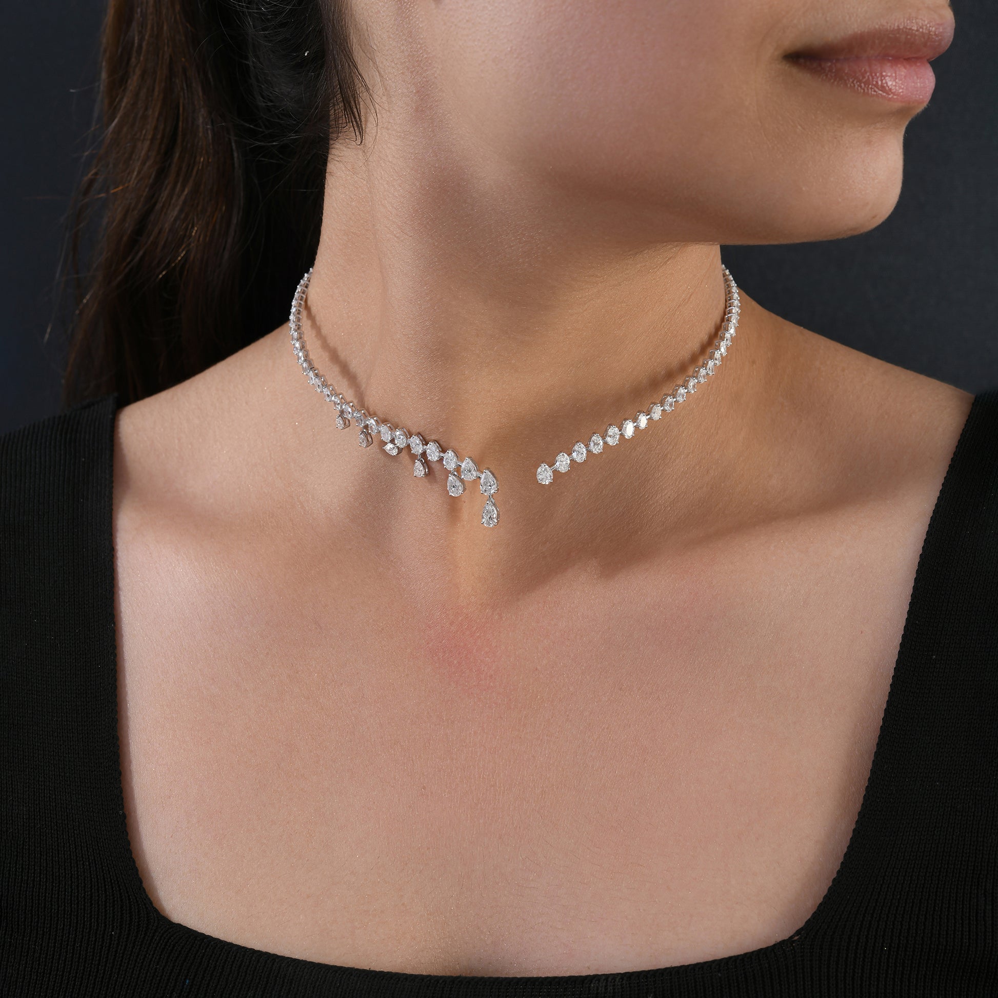 Timeless Pear Cut Diamond Drop Choker Necklace in Fine Gold