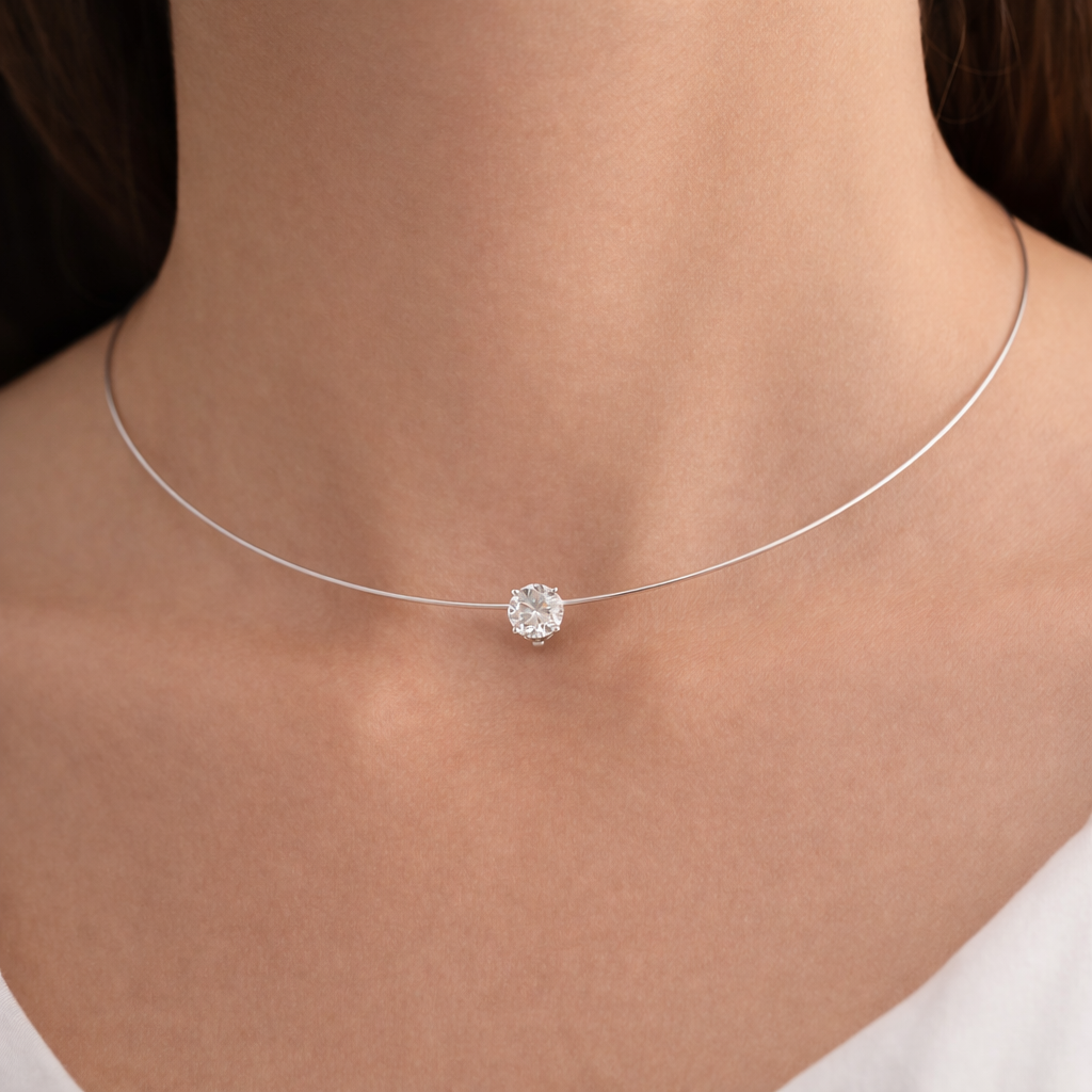 Delicate Fine Gold Round Cut Solitaire Diamond Choker Necklace