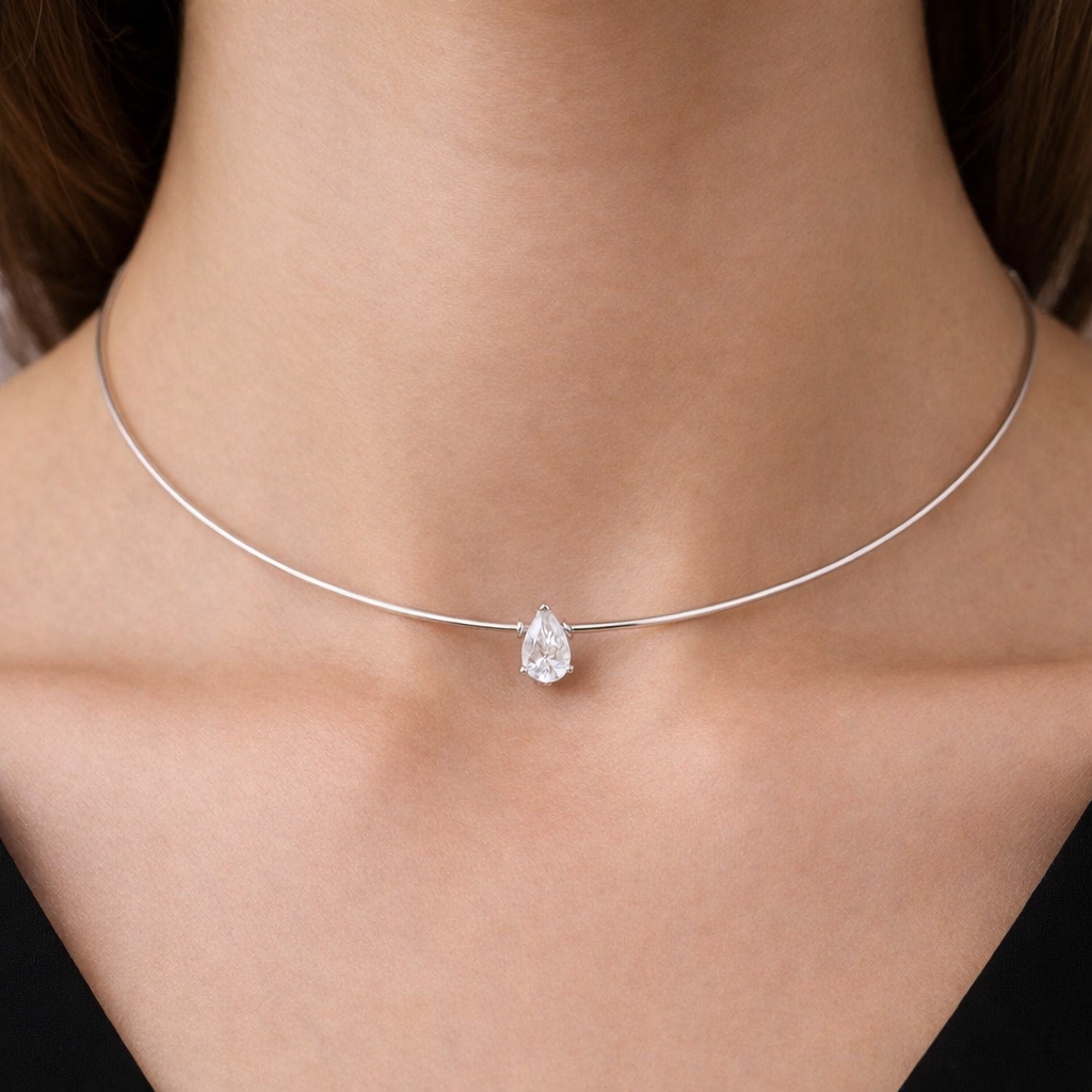 Minimal Pear Cut Solitaire Diamond Choker Necklace in Fine Gold