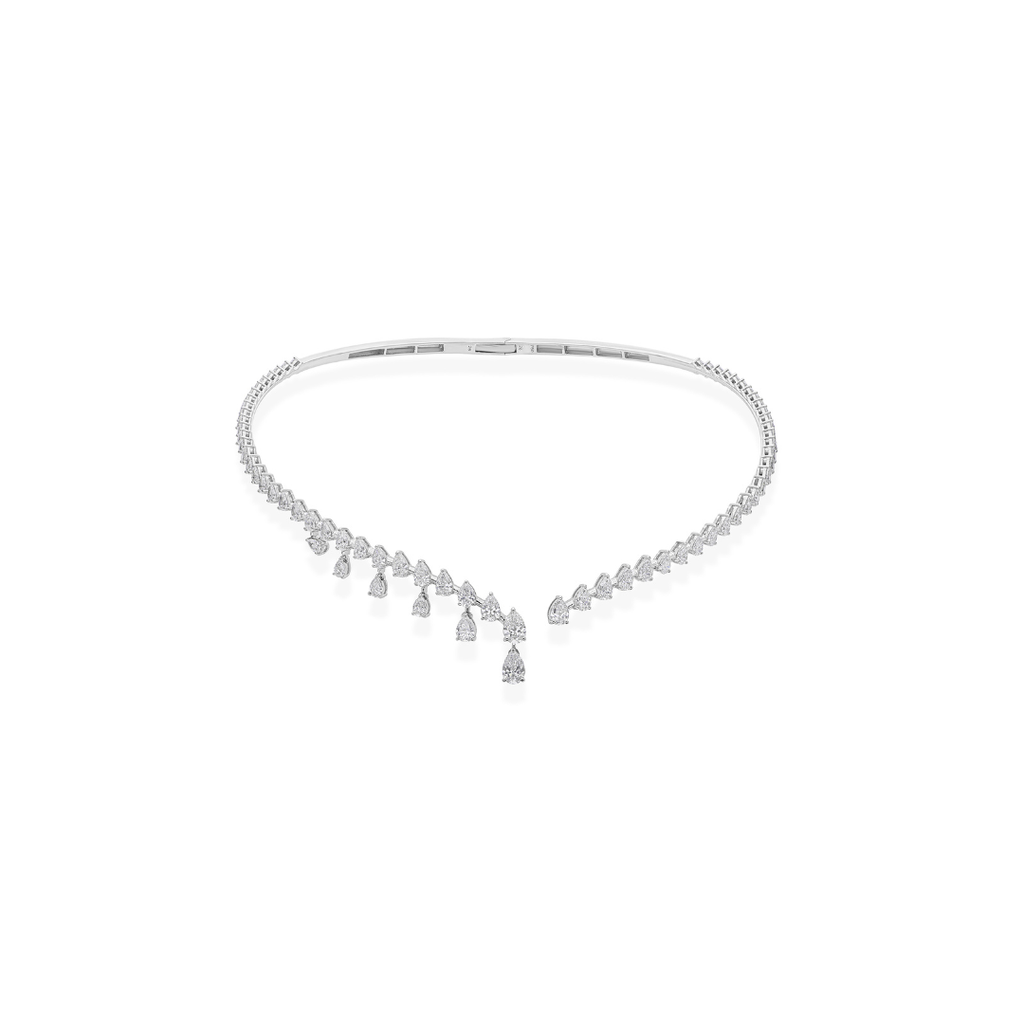 Statement Fine Gold Natural Diamond Choker Necklace with Dangling Pear Shaped Diamonds