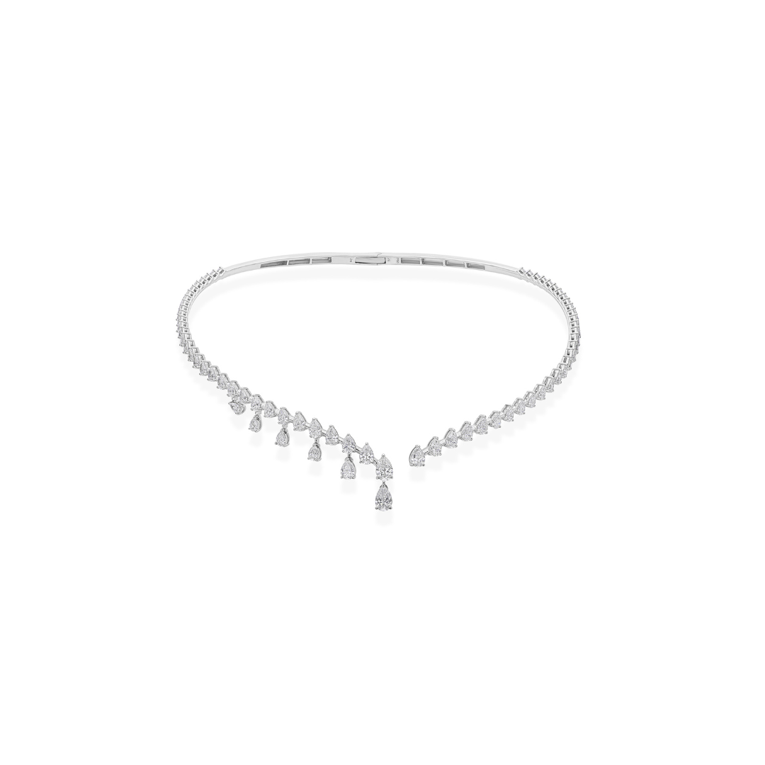 Statement Fine Gold Natural Diamond Choker Necklace with Dangling Pear Shaped Diamonds