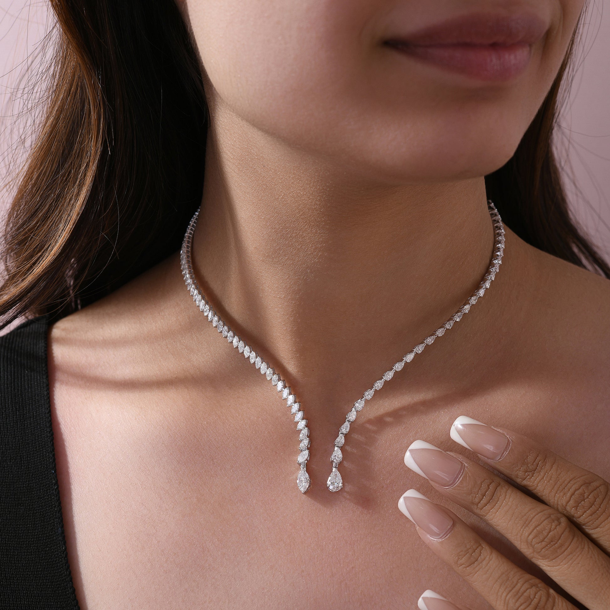 Elegant Marquise Pear Cut Diamond Open Front Choker Necklace in Solid Gold