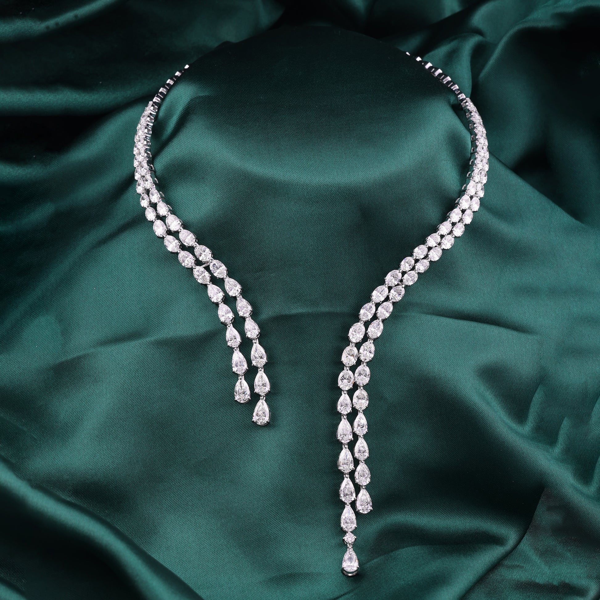 Exquisite Double Row Diamond Choker Necklace with Pear Oval Cut Stones
