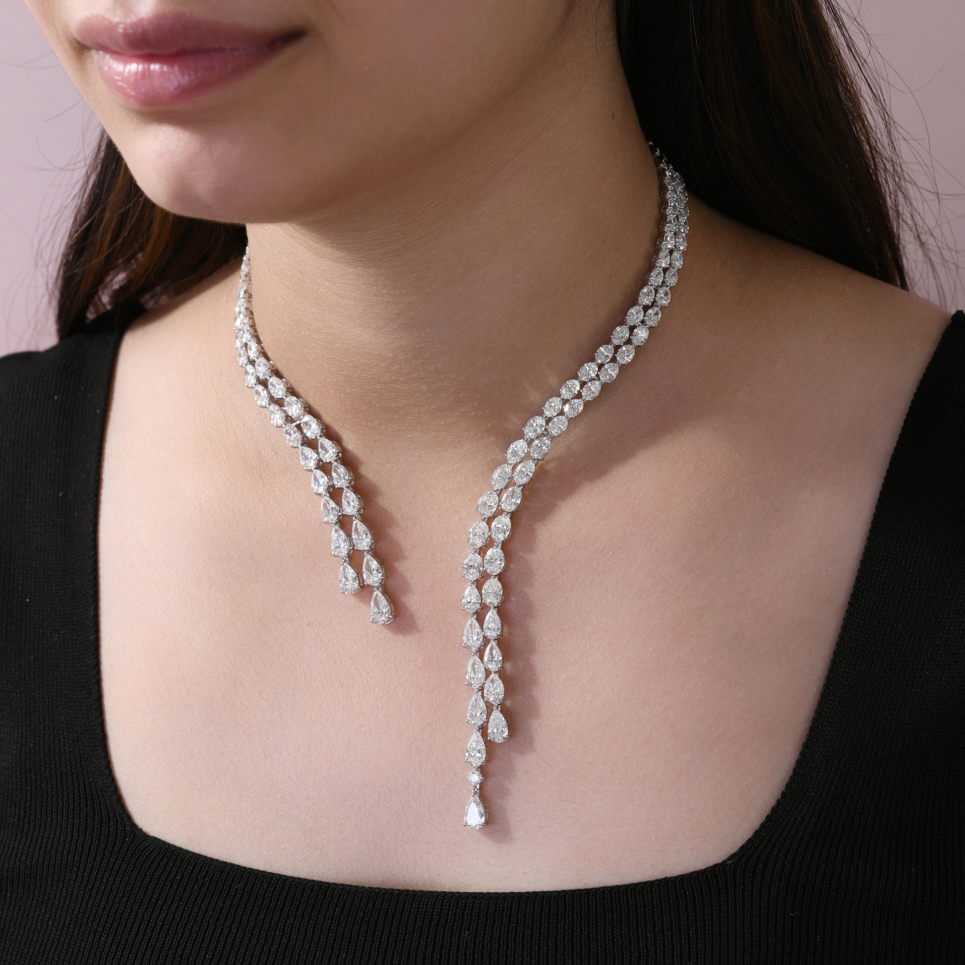 Exquisite Double Row Diamond Choker Necklace with Pear Oval Cut Stones