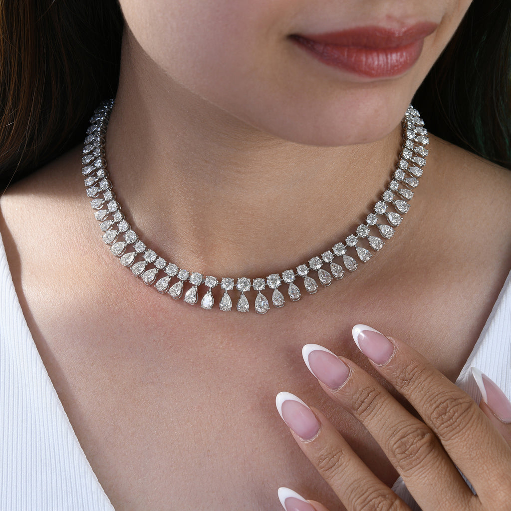 Natural Pear Round Cut Diamond Drop Wedding Necklace in Fine Gold