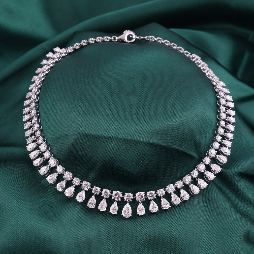 Natural Pear Round Cut Diamond Drop Wedding Necklace in Fine Gold