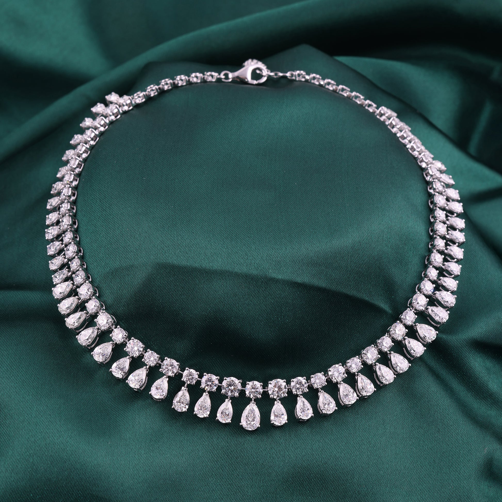 Natural Pear Round Cut Diamond Drop Wedding Necklace in Fine Gold