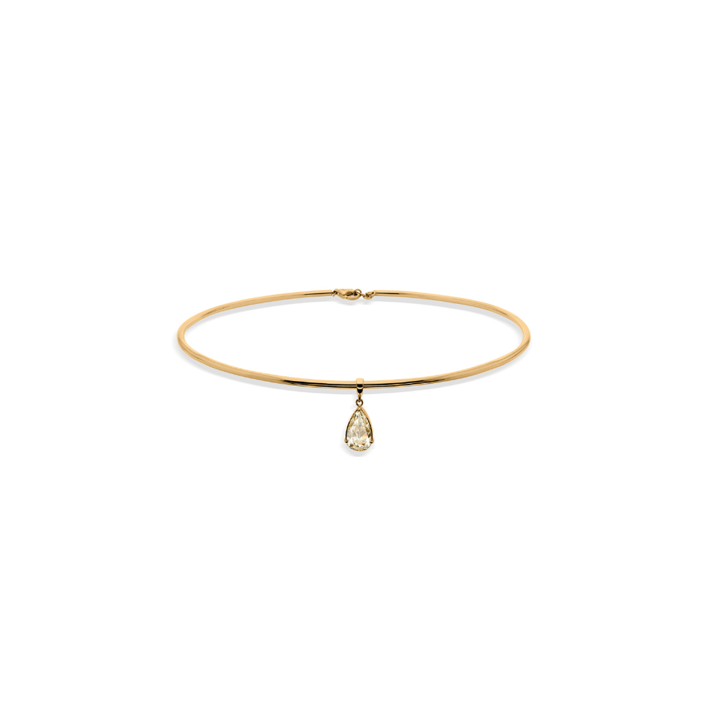 Minimal Fine Gold Diamond Choker Necklace with Pear Shaped Solitaire Drop