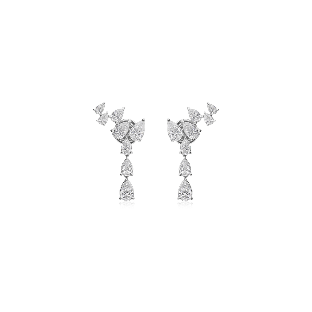Natural Diamond Pear Cut Cluster Climber Stud Earrings