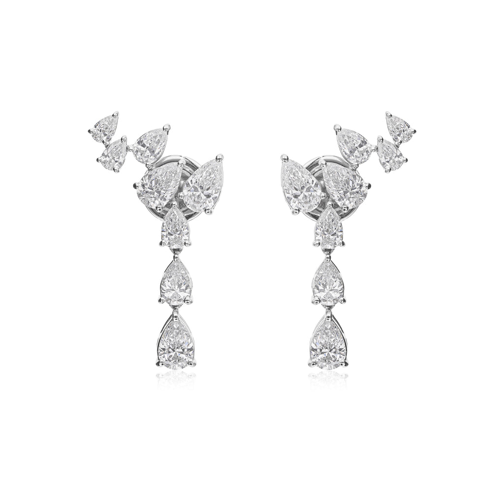 Natural Diamond Pear Cut Cluster Climber Stud Earrings