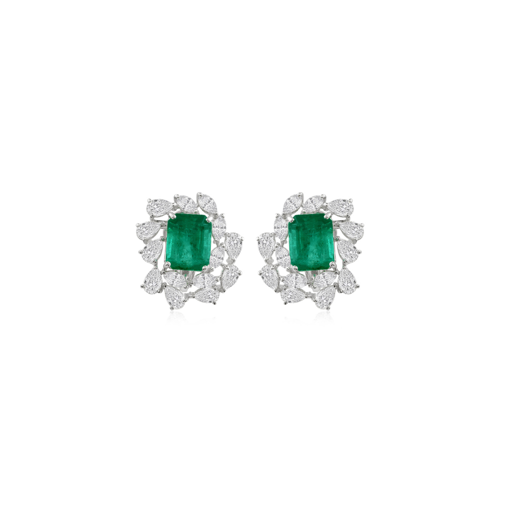 Cushion Cut Zambian Emerald Stud Earrings with Gold Diamond