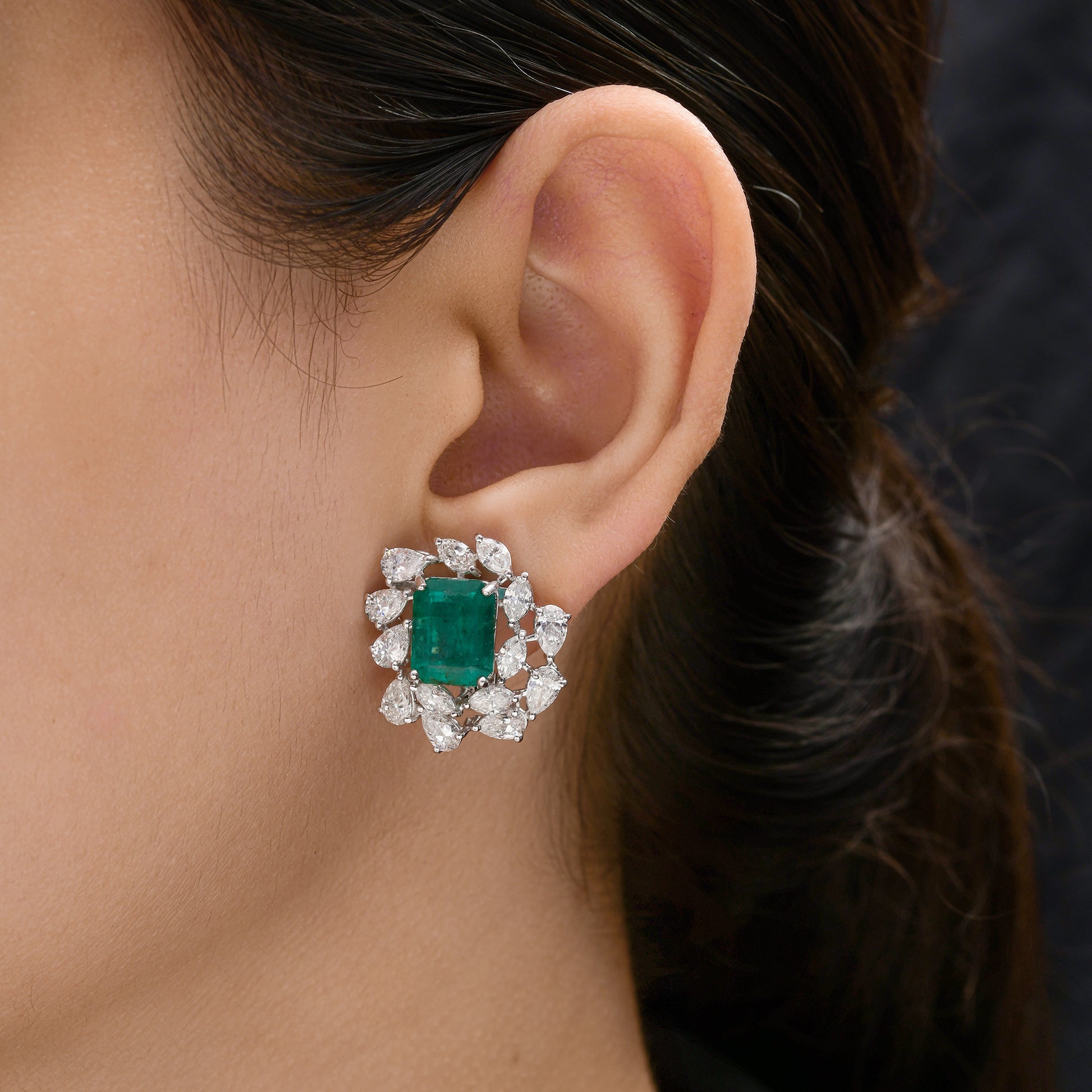 Cushion Cut Zambian Emerald Stud Earrings with Gold Diamond