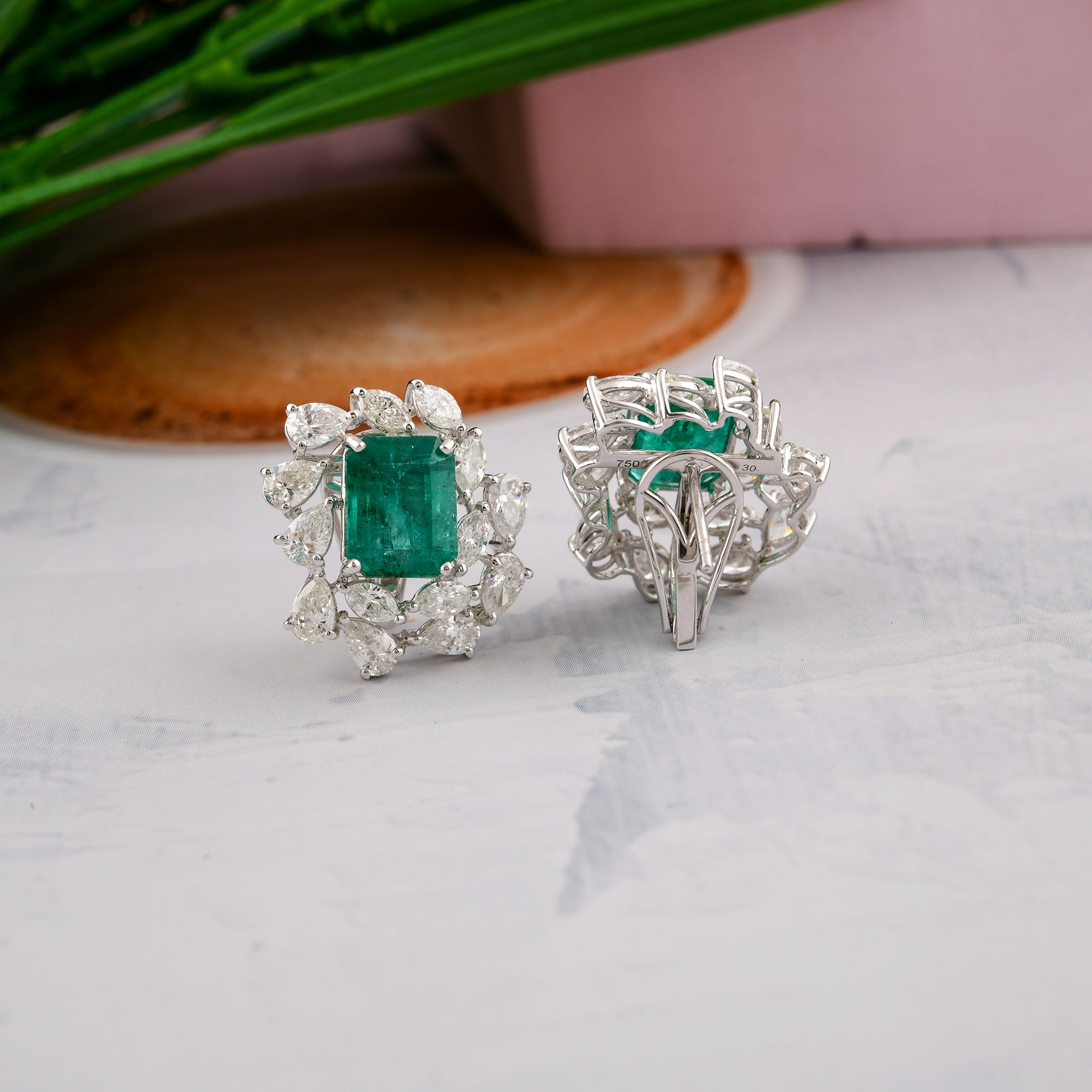 Cushion Cut Zambian Emerald Stud Earrings with Gold Diamond