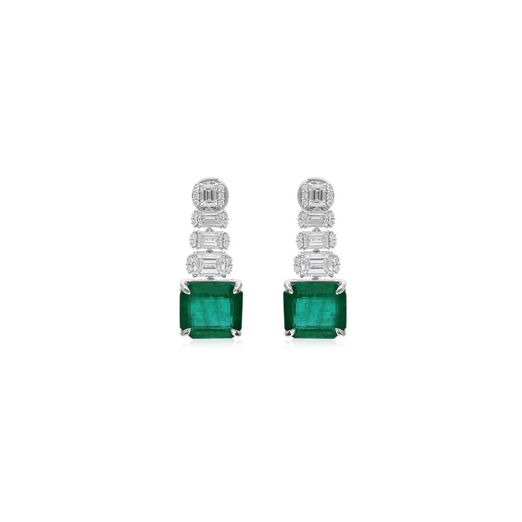 Prong Set Cushion Cut Emerald Stud Earrings with Baguette Diamond