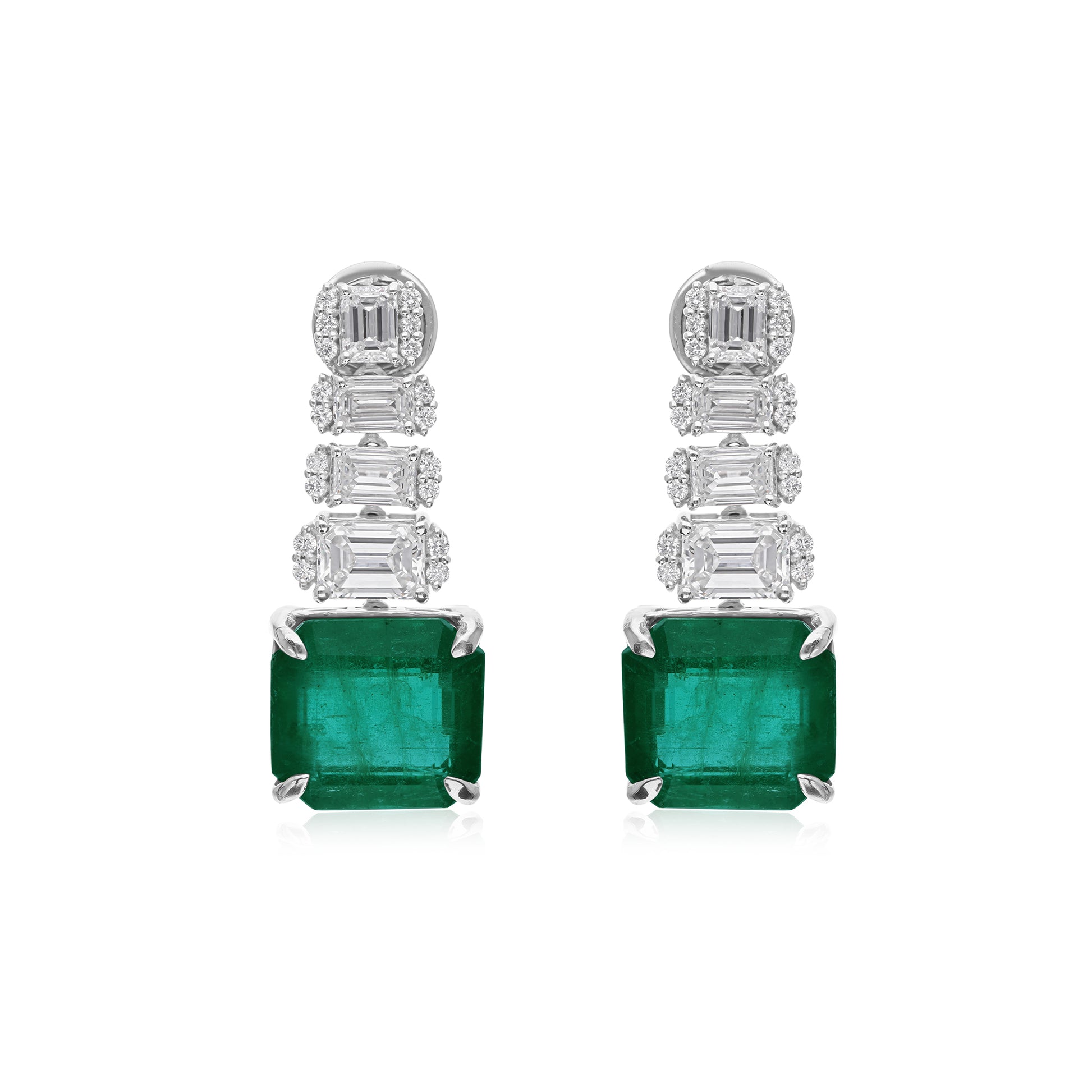 Prong Set Cushion Cut Emerald Stud Earrings with Baguette Diamond