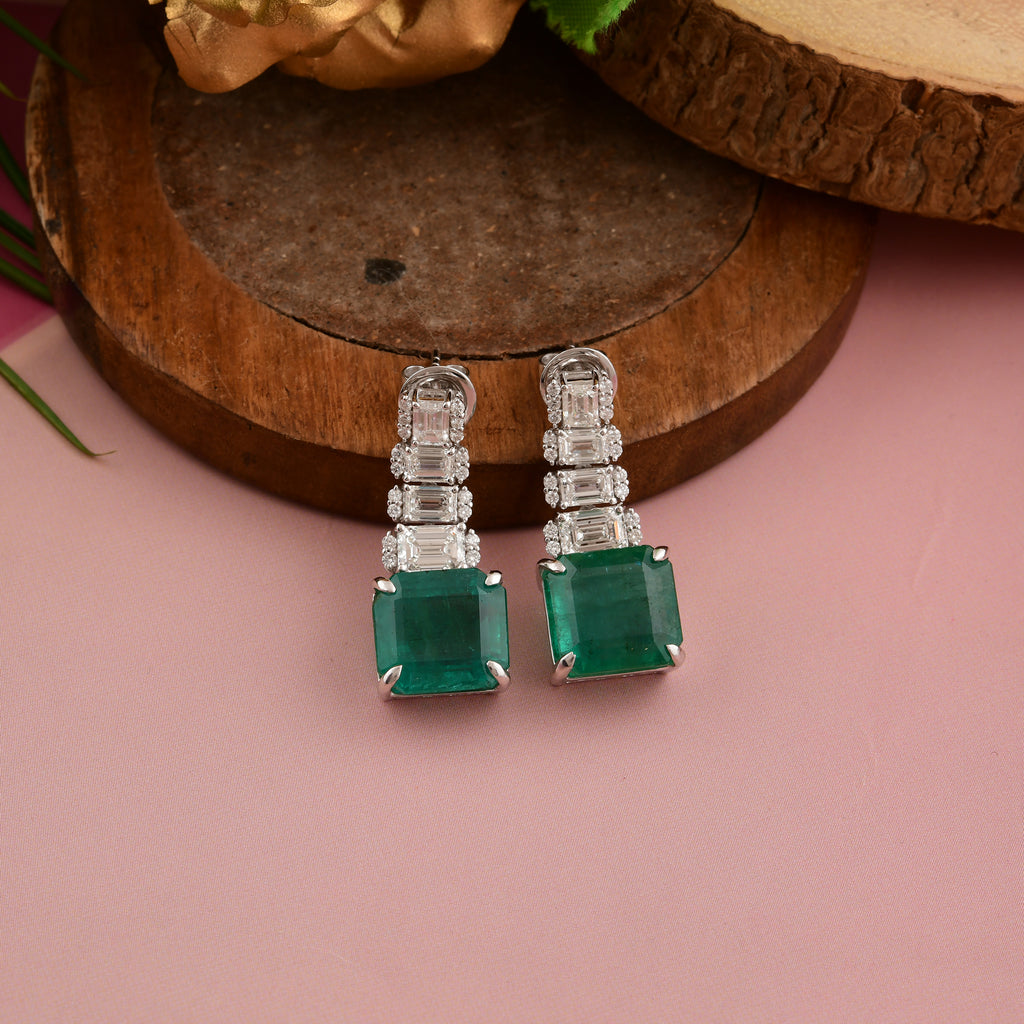 Prong Set Cushion Cut Emerald Stud Earrings with Baguette Diamond