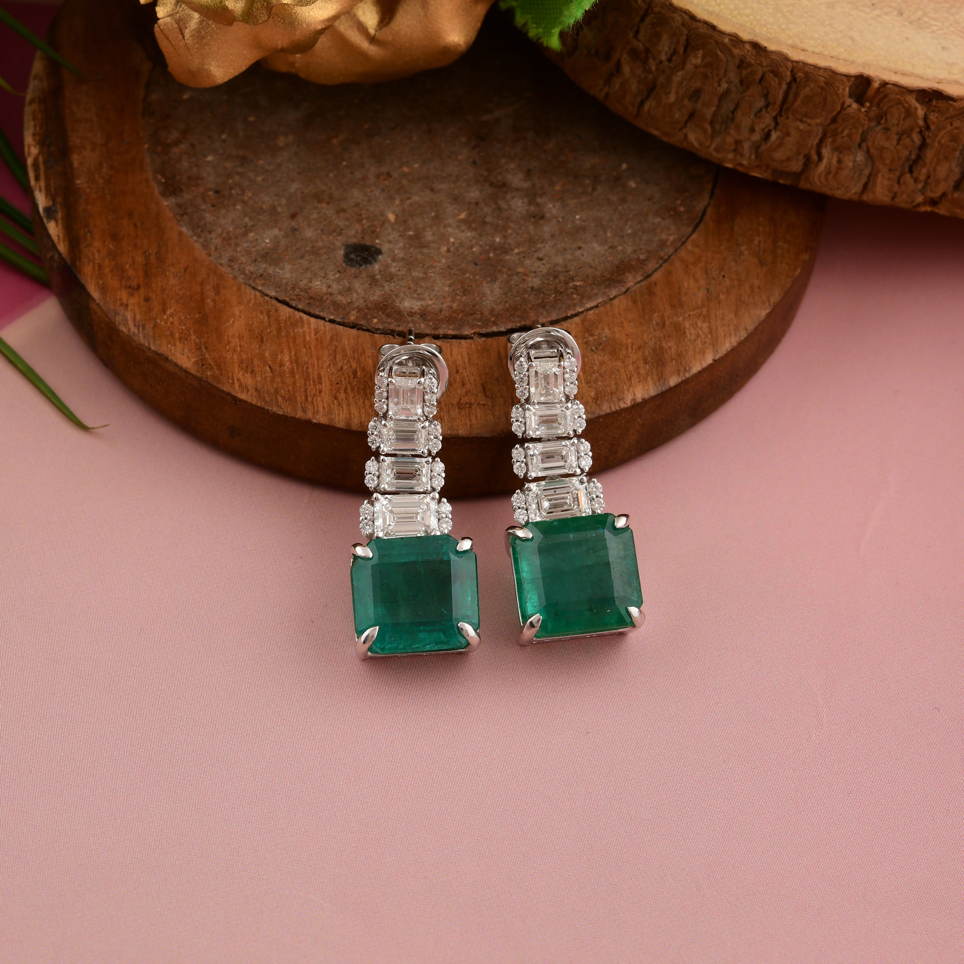 Prong Set Cushion Cut Emerald Stud Earrings with Baguette Diamond