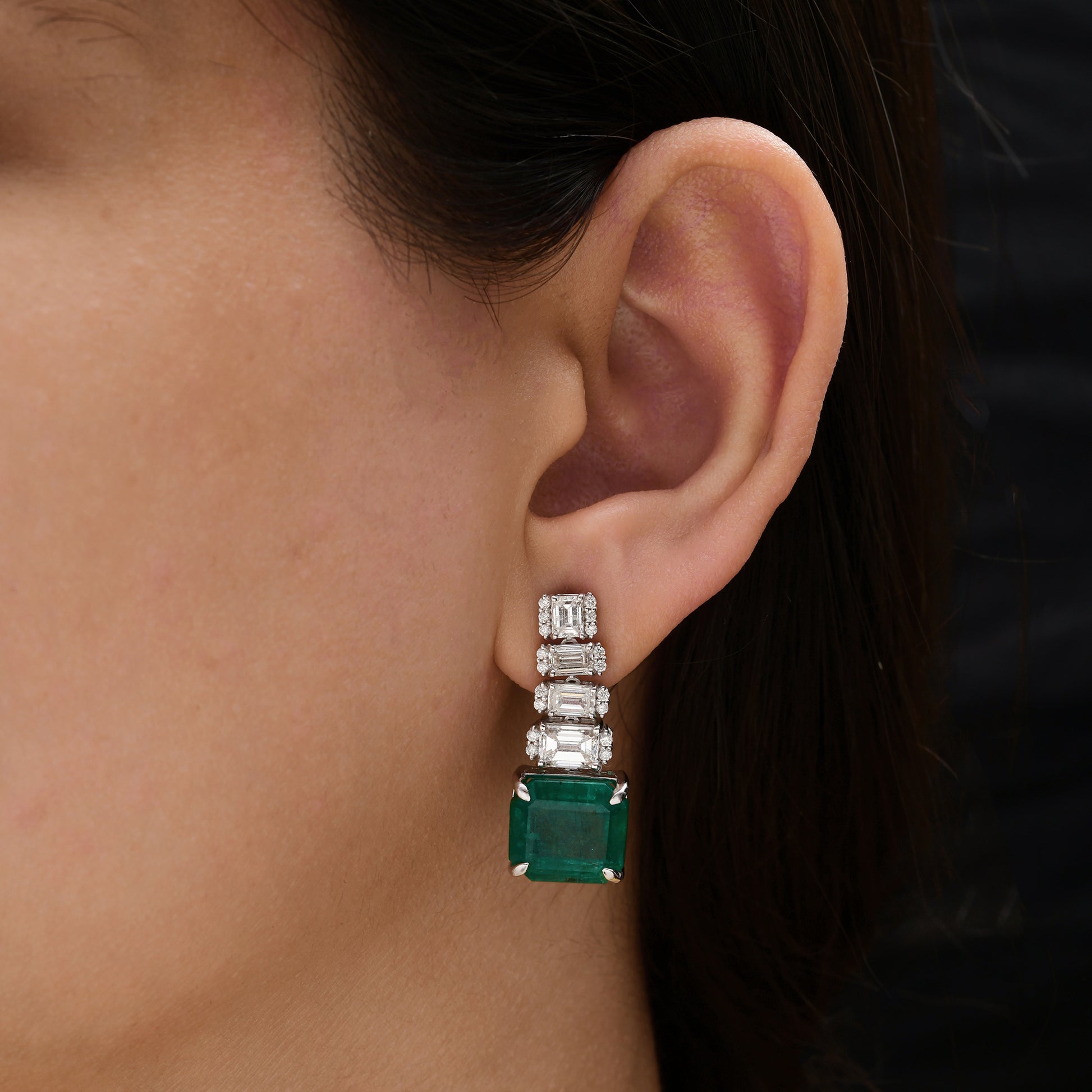 Prong Set Cushion Cut Emerald Stud Earrings with Baguette Diamond