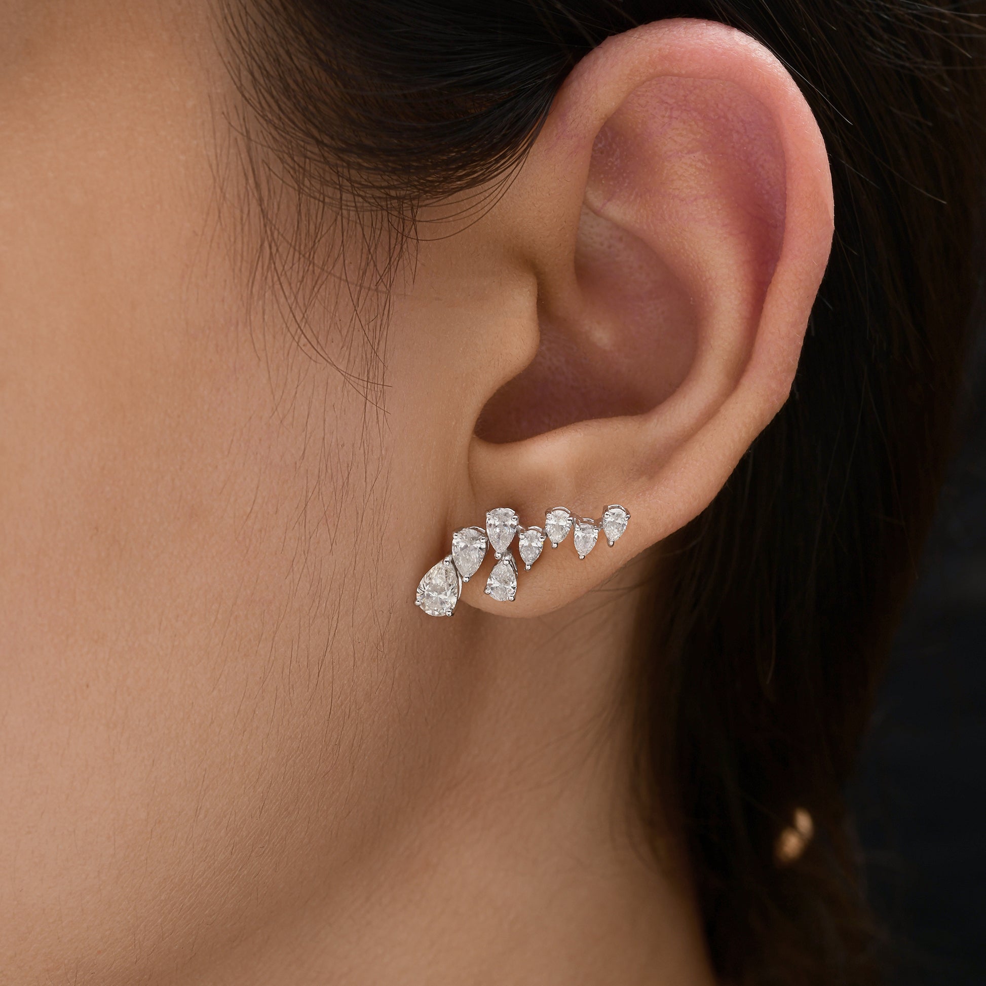 Certified Diamond Ear Climber Pear Cut Stud Earrings