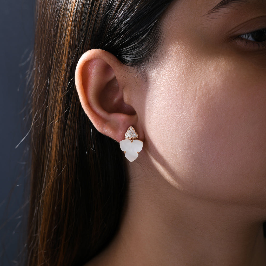 Minimalist Mother of Pearl & Natural Diamond Floral Drop Earrings in Solid Gold