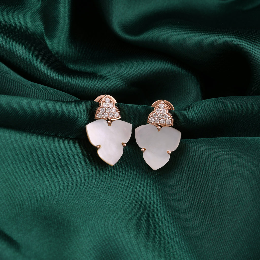 Minimalist Mother of Pearl & Natural Diamond Floral Drop Earrings in Solid Gold
