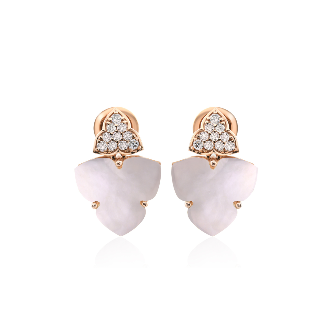 Minimalist Mother of Pearl & Natural Diamond Floral Drop Earrings in Solid Gold