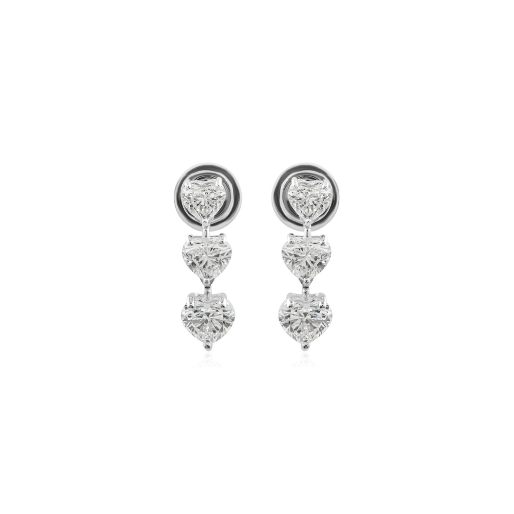 Timeless Three Row Heart Cut Natural Diamond Dangle Drop Earrings