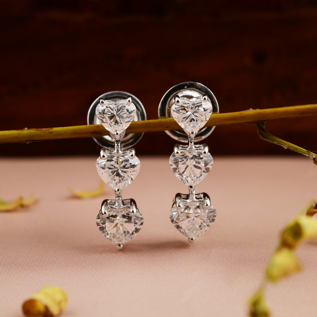 Timeless Three Row Heart Cut Natural Diamond Dangle Drop Earrings