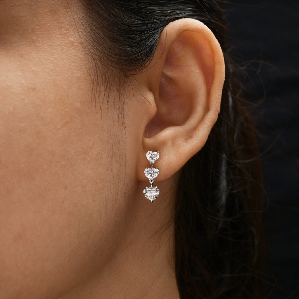 Timeless Three Row Heart Cut Natural Diamond Dangle Drop Earrings
