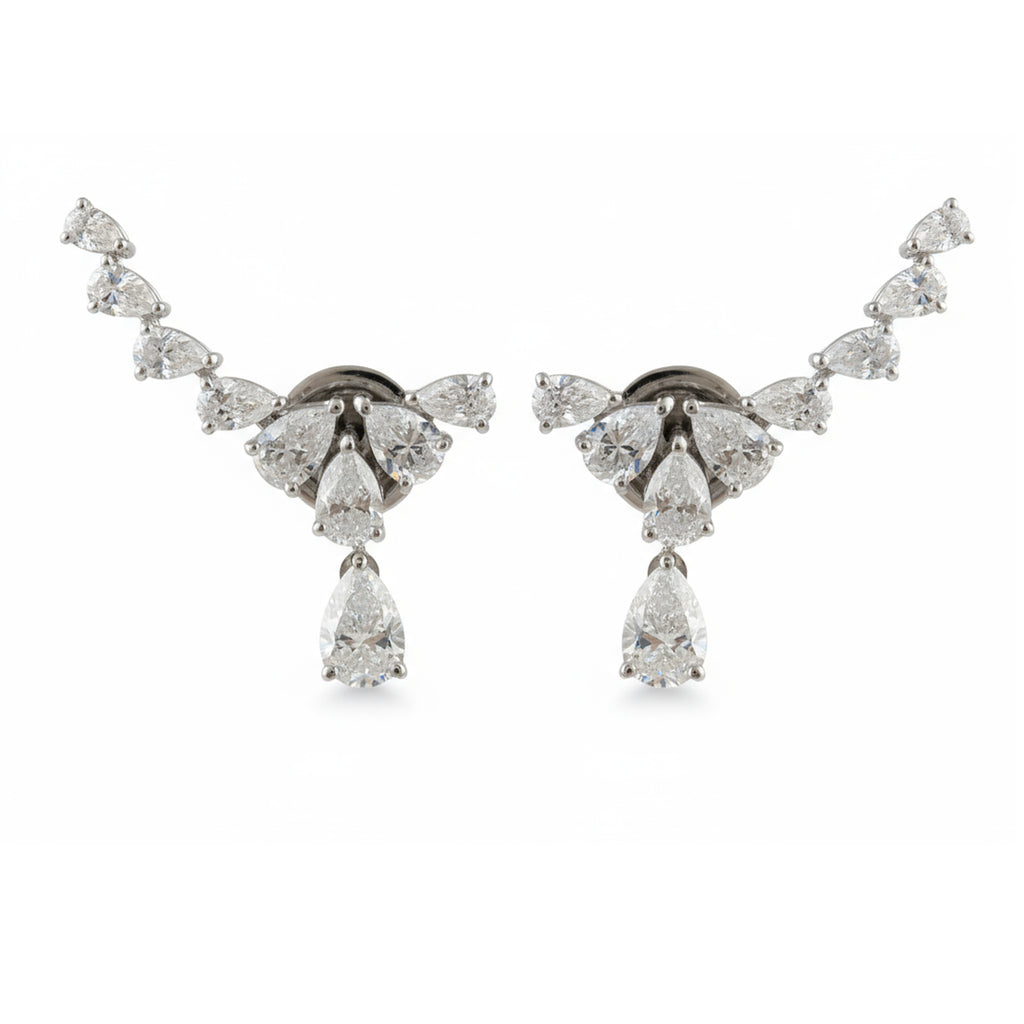 Natural Diamond Pear Cut Ear Climber Drop Earrings in Fine Gold