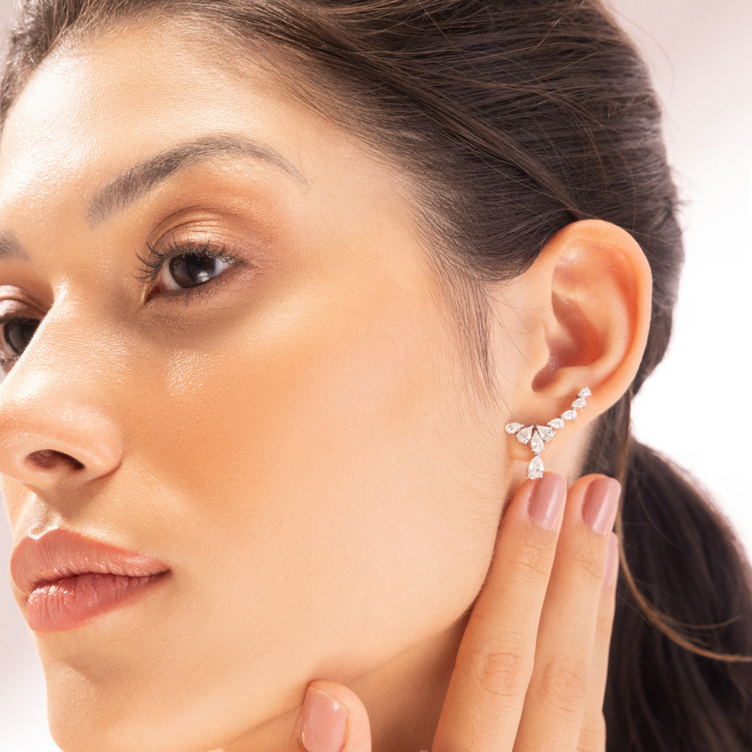 Natural Diamond Pear Cut Ear Climber Drop Earrings in Fine Gold