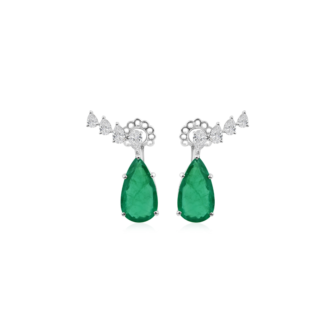 Pear Shape Emerald Drop Earrings with Diamond Accents