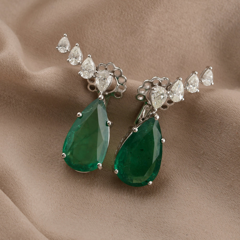 Pear Shape Emerald Drop Earrings With Diamond Accents natural pear shape Zambian emerald drop earrings with sparkling diamond accents