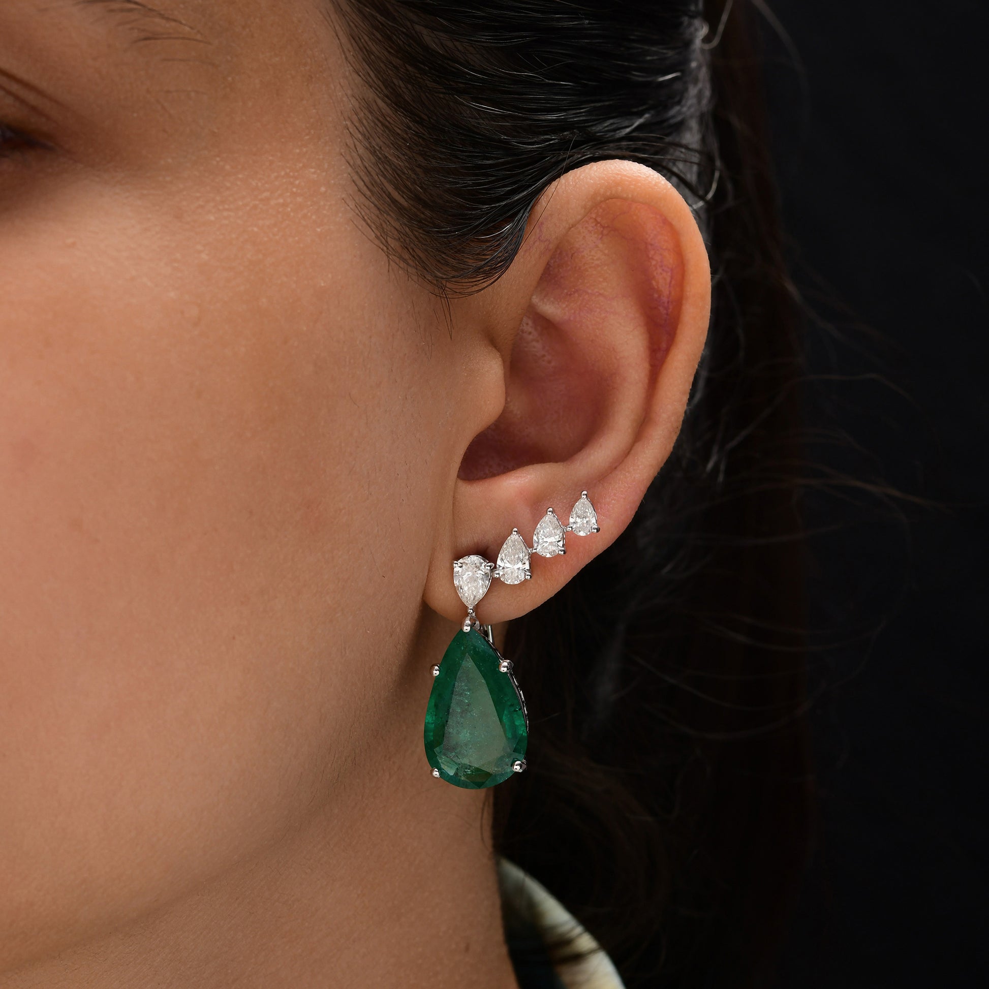 Pear Shape Emerald Drop Earrings with Diamond Accents