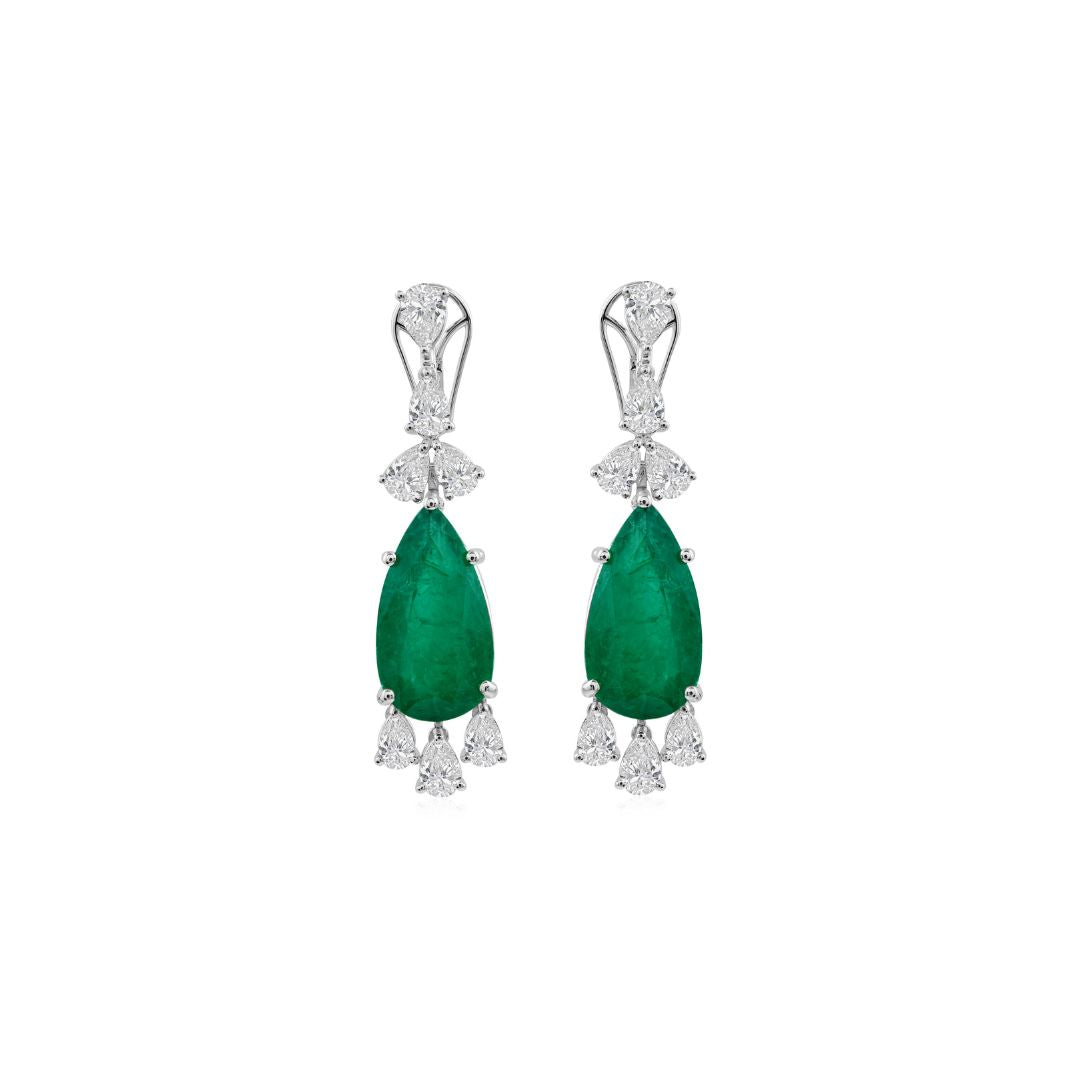 Exquisite Pear Cut Zambian Emerald & Diamond Chandelier Necklace and Earrings