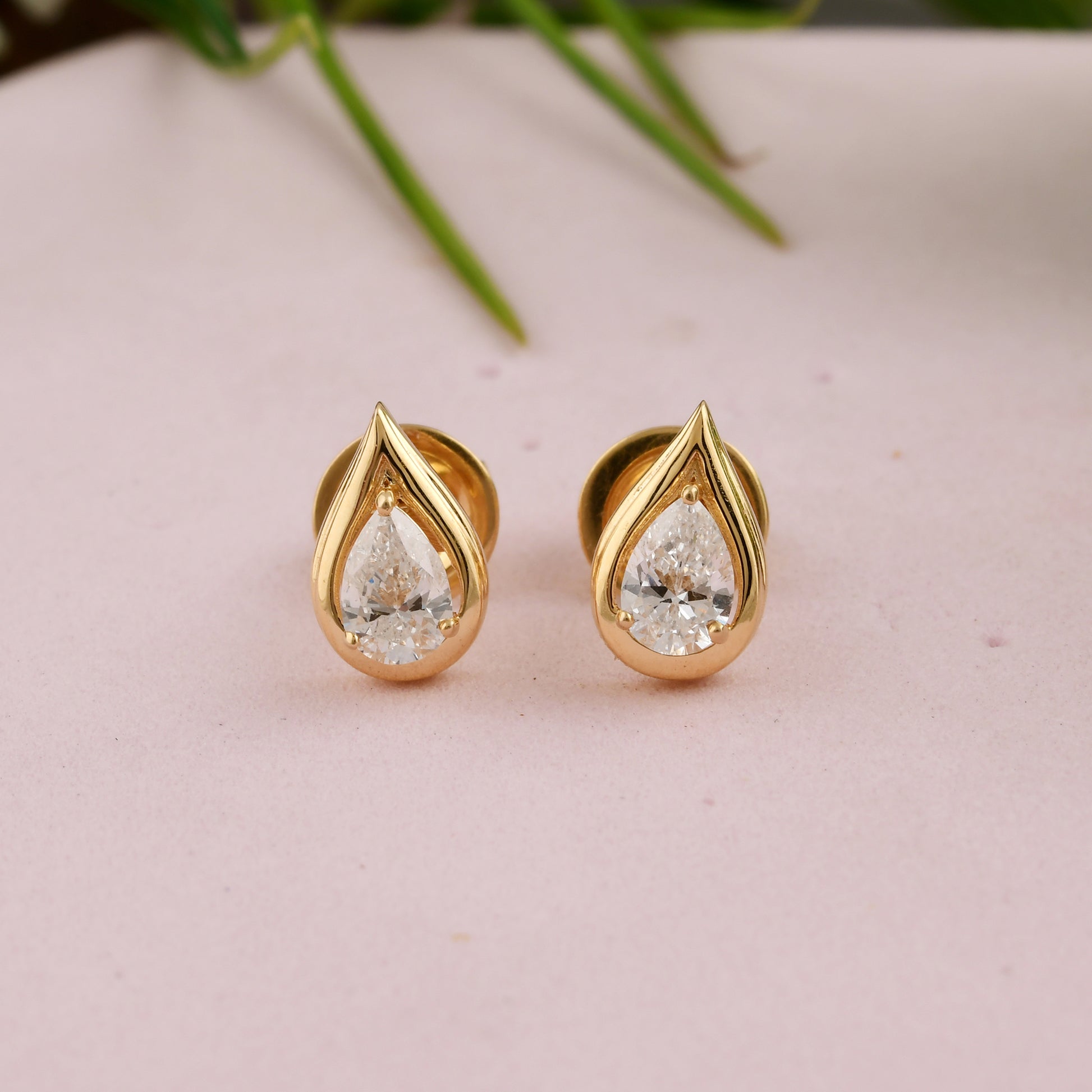 Fine Gold Teardrop Pear Cut 0.73Ct Solitaire Diamond Push Back Stud Earrings
