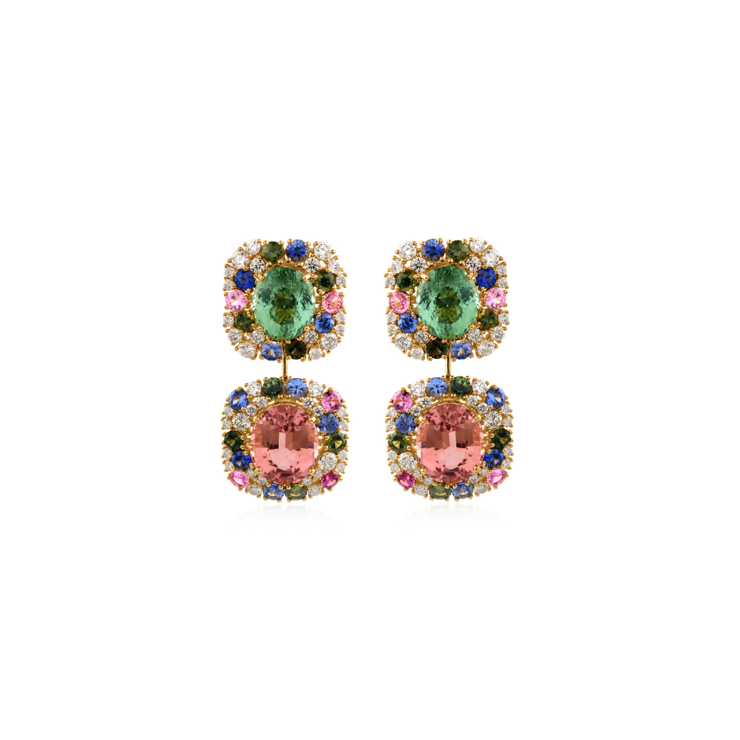 Multi Color Tourmaline Double Halo 3.83Ct. Diamond Statement Wedding Dangle Earrings
