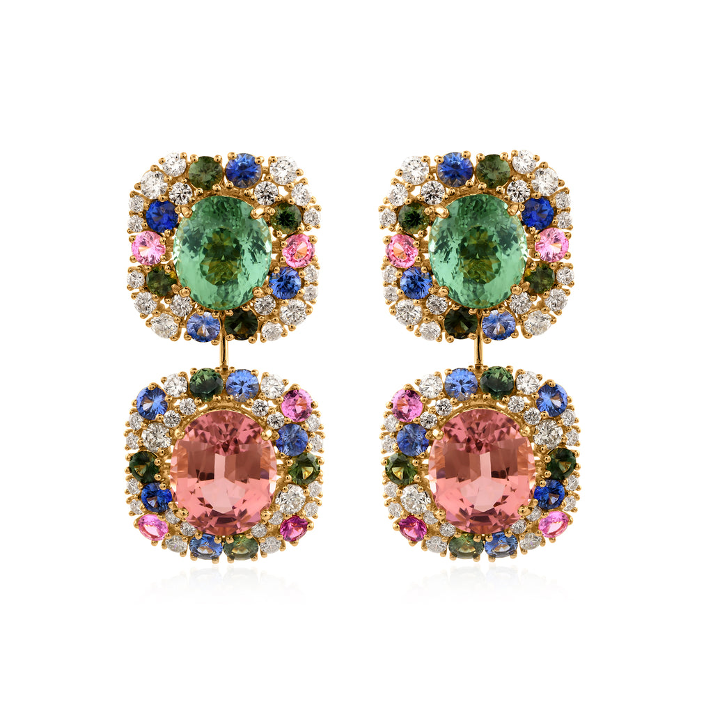 Multi Color Tourmaline Double Halo 3.83Ct. Diamond Statement Wedding Dangle Earrings