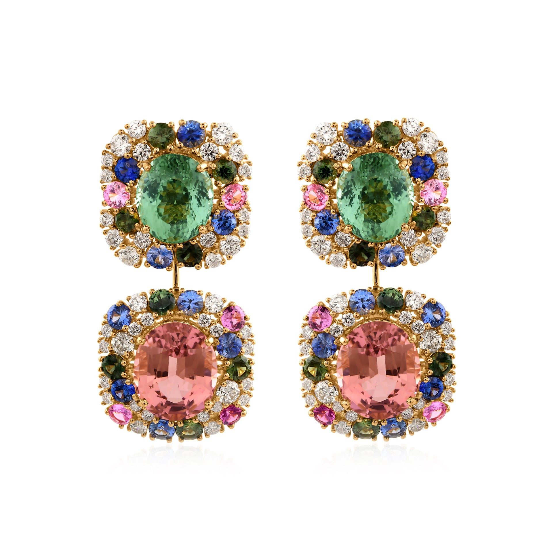 Multi Color Tourmaline Double Halo 3.83Ct. Diamond Statement Wedding Dangle Earrings