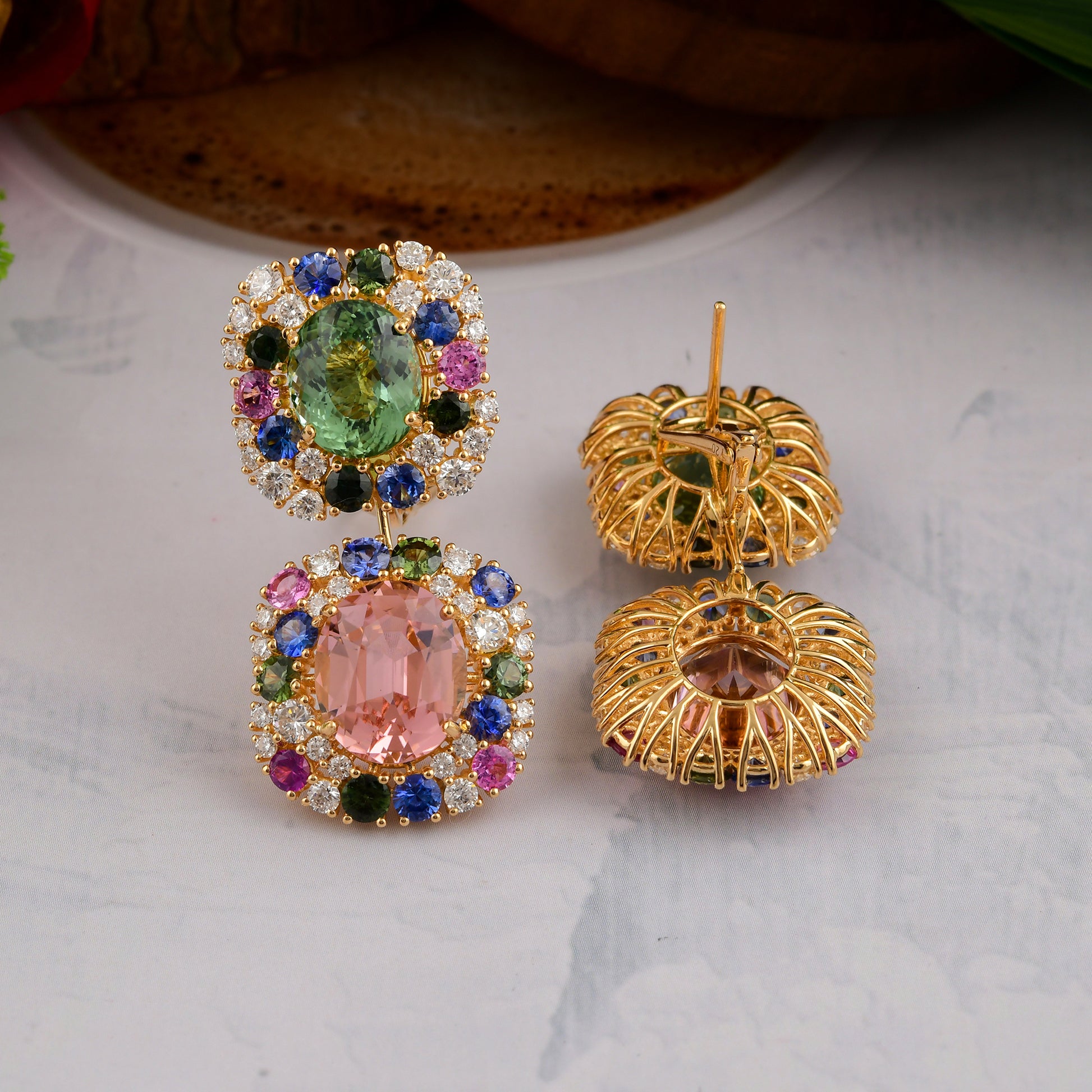 Multi Color Tourmaline Double Halo 3.83Ct. Diamond Statement Wedding Dangle Earrings