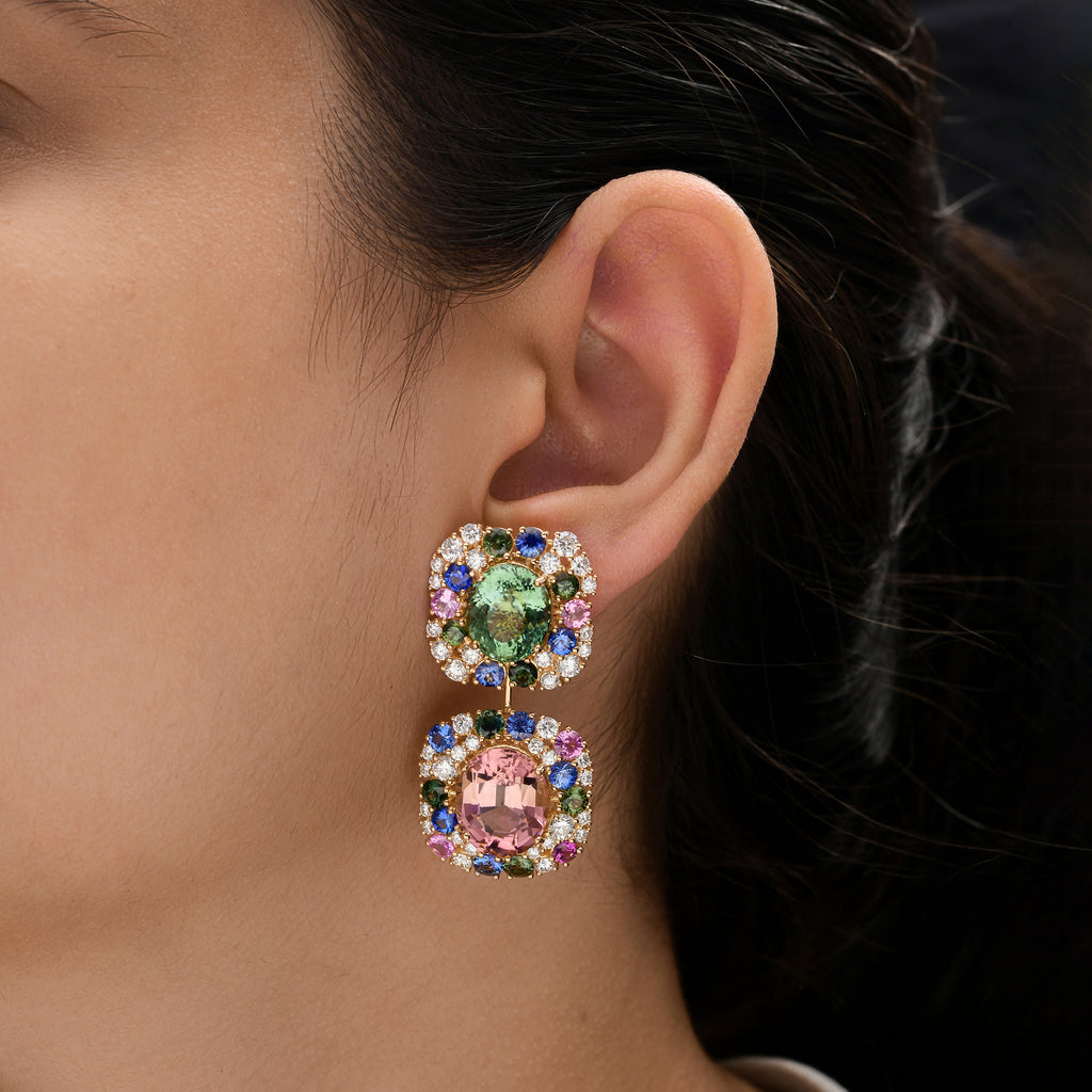Multi Color Tourmaline Double Halo 3.83Ct. Diamond Statement Wedding Dangle Earrings