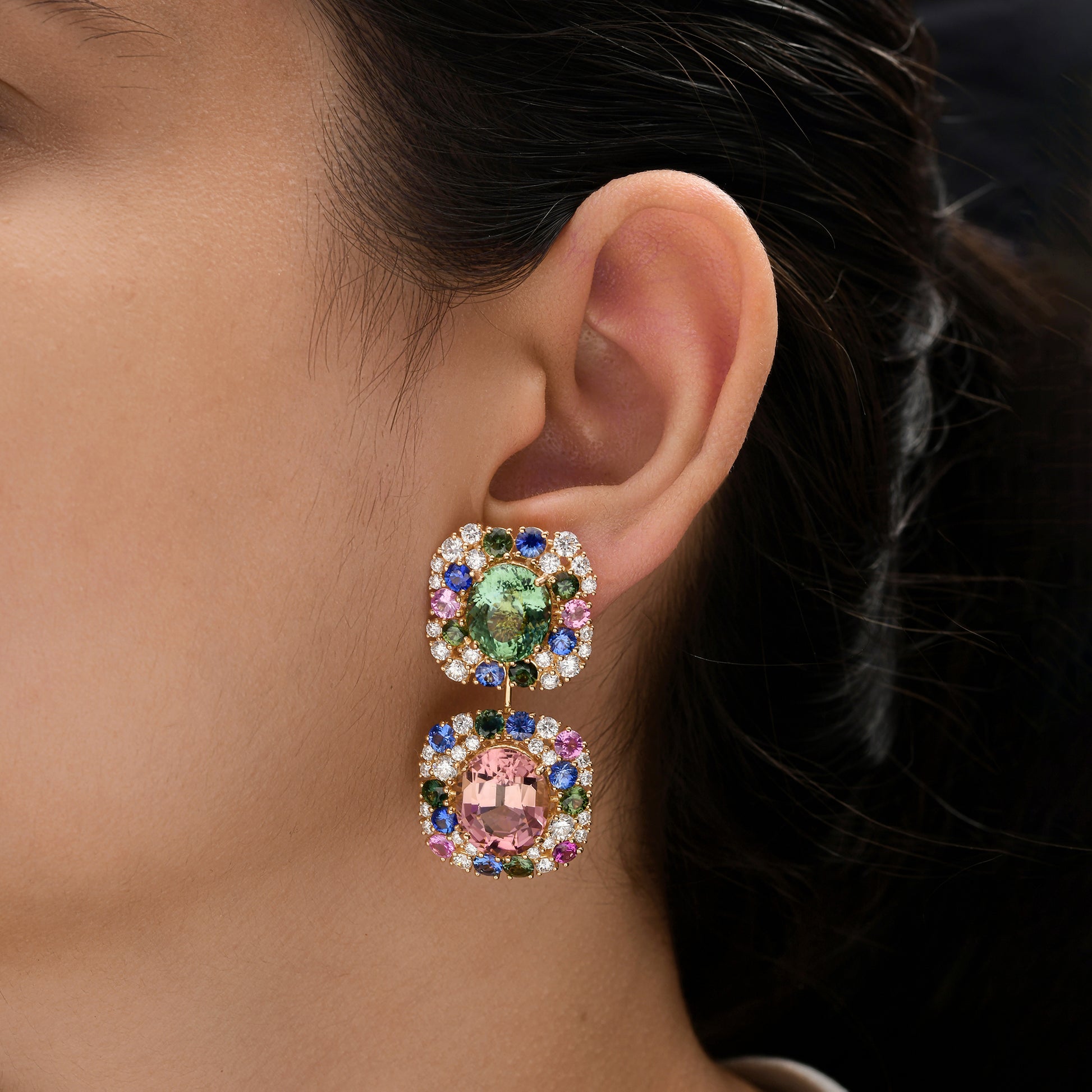 Multi Color Tourmaline Double Halo 3.83Ct. Diamond Statement Wedding Dangle Earrings